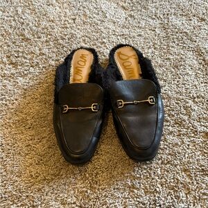 Black Sam Edelman Leather Loafer mules with black Fur Lining